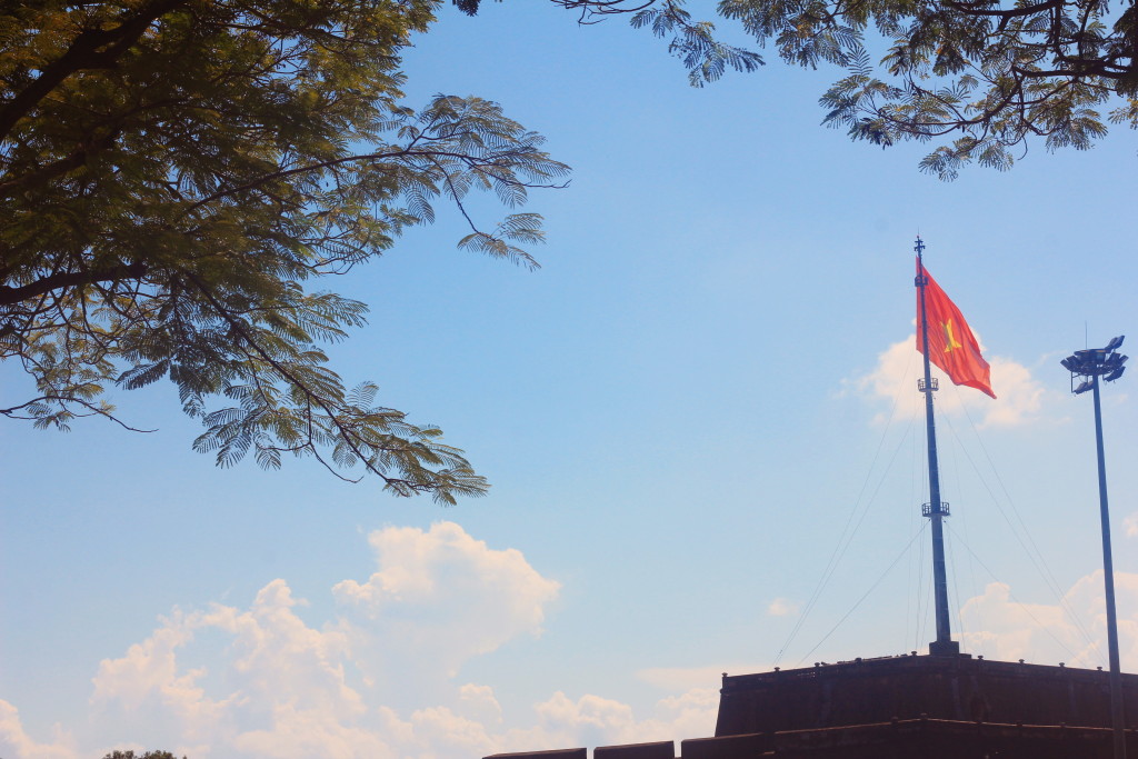 A flag waving outside of the Impirial City of Hue, Vietnam